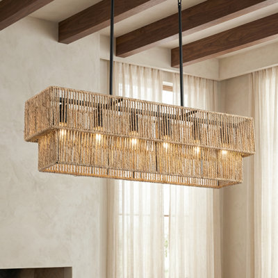 34” Hand Woven Rattan 6-light Chandeliers For Dining Room, 2 Layer Boho Linear Chandelier Rectangle Farmhouse Pendant Light Fixture For Kitchen Island Bar Living Room