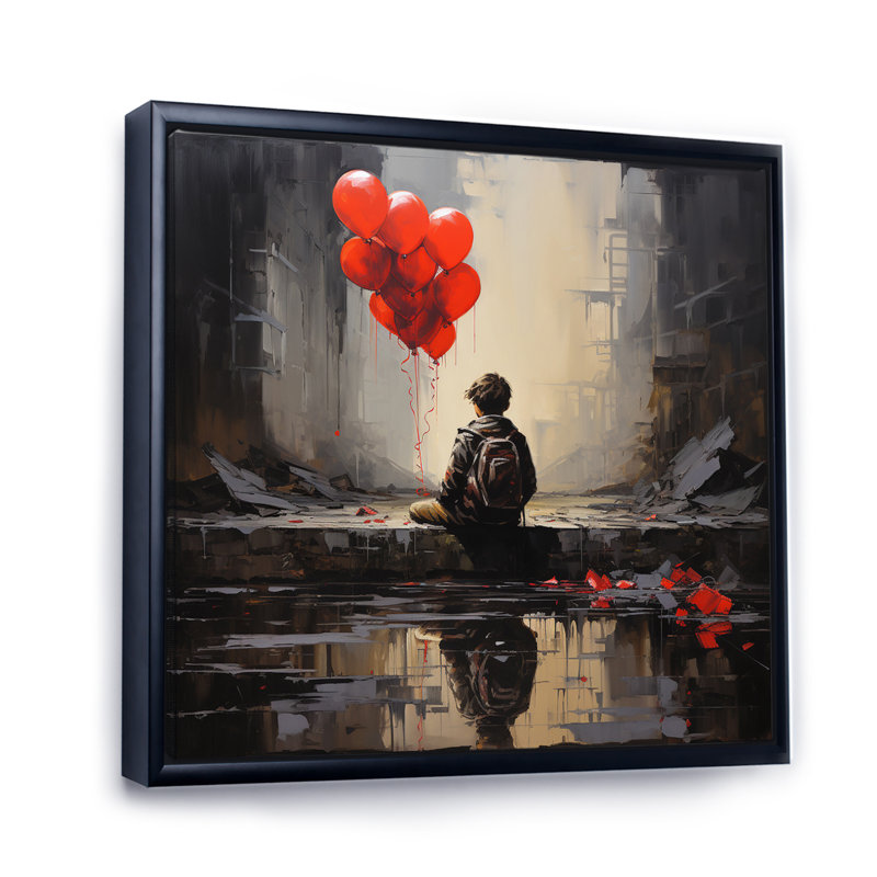 «Street Art Child» avec des ballons rouges sur toile, 30" H x 30" W, Cadre flottant noir