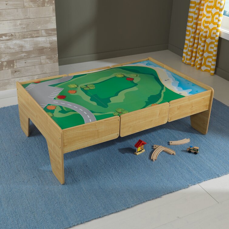 Double-Sided Wood Train and Activity Table with Built-In Storage Drawer, Natural