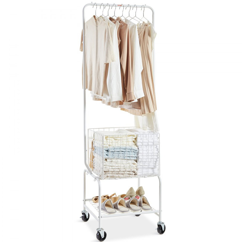 Panier à linge roulant en métal avec support à vêtements suspendu