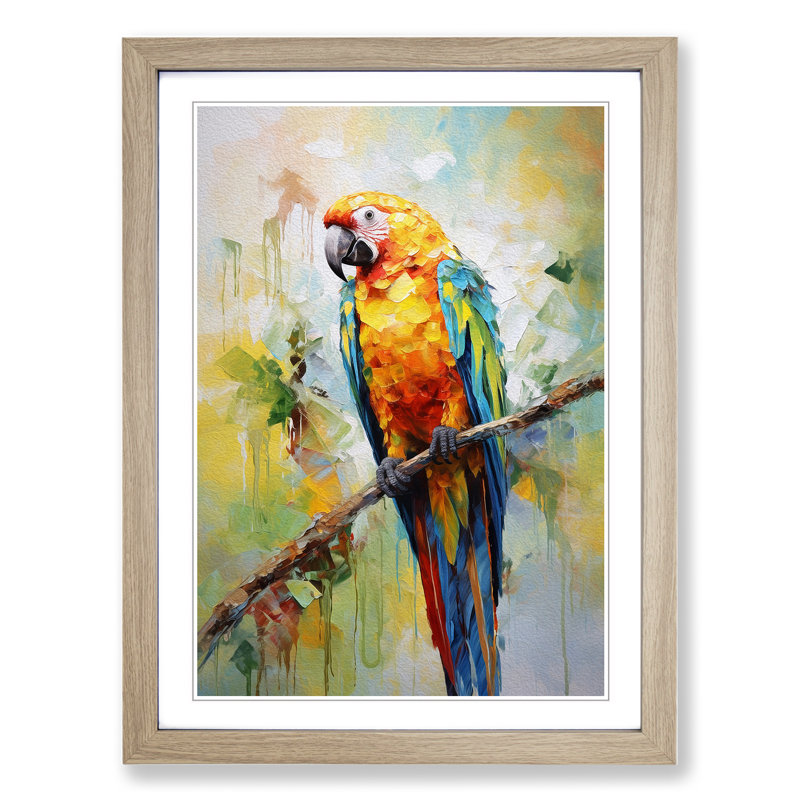 Parrot Impressionism - Single Picture Frame Print on Wood, Oak Framed, 64cm H x 46cm W x 2cm D