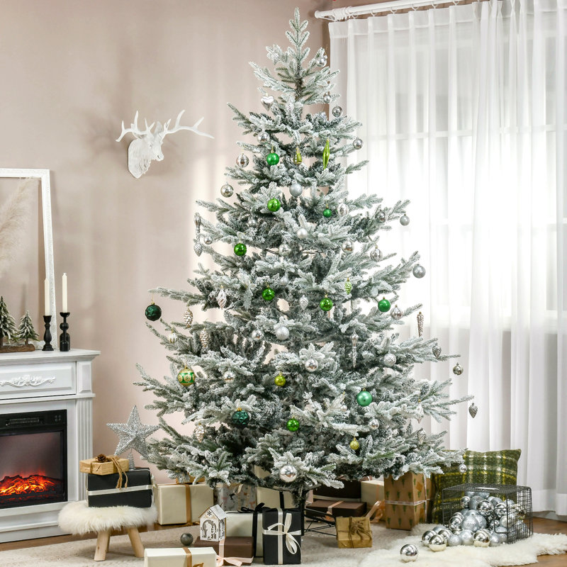 8 Foot Pine Snow Flocked Artificial Christmas Tree With 1479 Realistic Cedar Branches, Auto Open, Home Holiday Decoration, Green