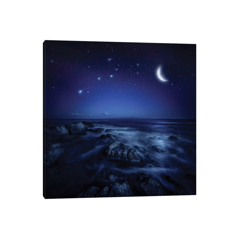 Rising Moon Over Ocean And Boulders Against Starry Sky. by Evgeny Kuklev - Wrapped Canvas Gallery-Wrapped Canvas Giclée