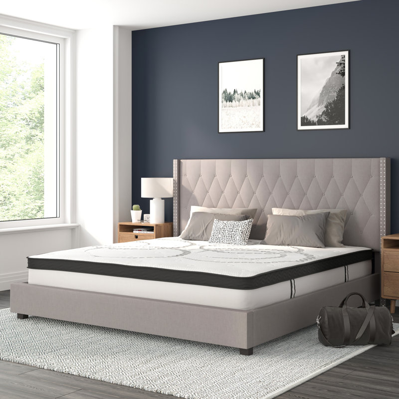 Riverdale Tufted Platform Bed with 10 Inch Pocket Spring Mattress, King, Light Gray