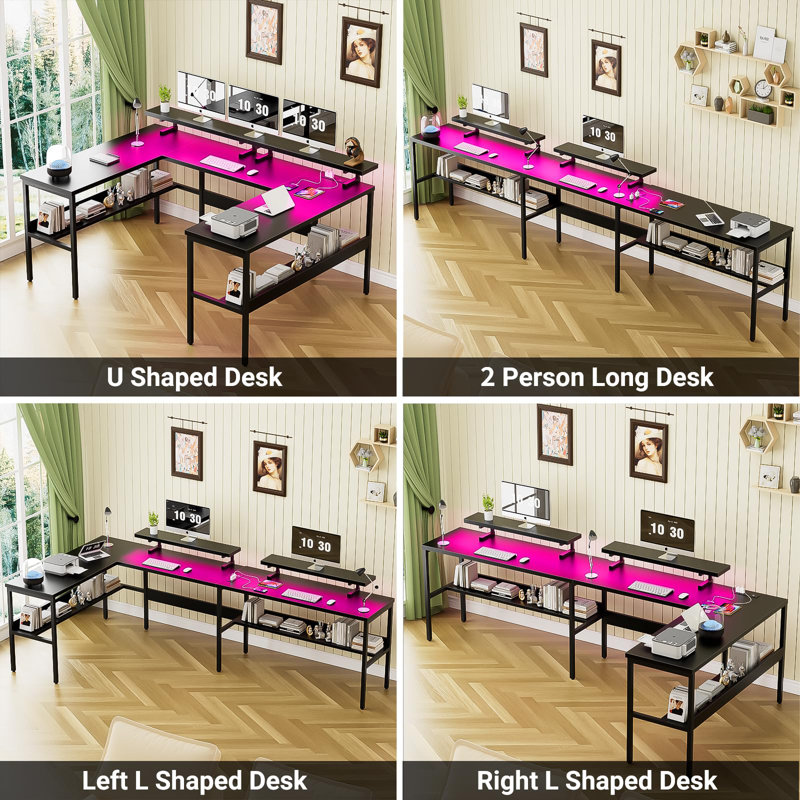 Winstonn 70'' U-Shaped Reversible Computer Desk with Height Adjustable Monitor Stand, Black