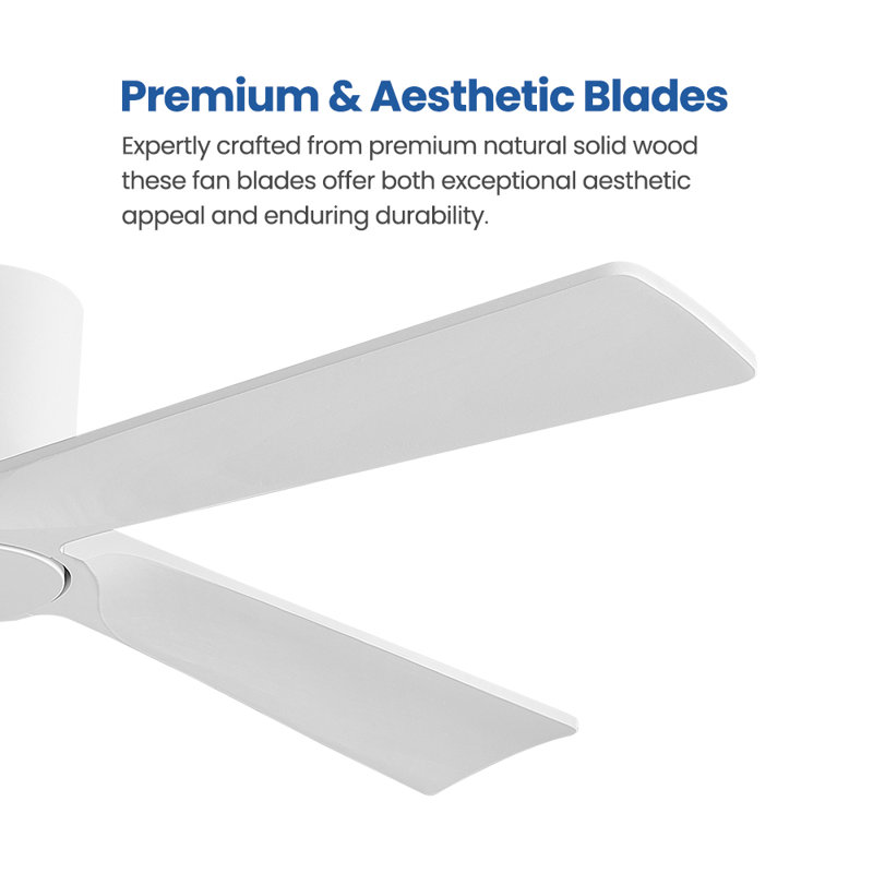 48 in. 4 Solid Wood Blades Dc Motor Indoor Flush Mount Standard Ceiling Fan with Remote, White, 48" W, White