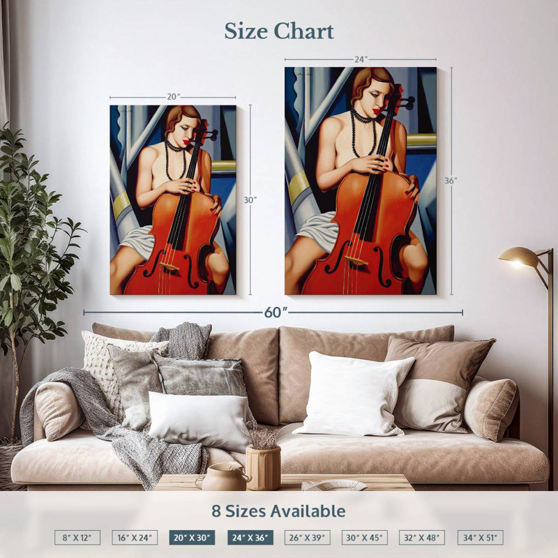 Femme Abarca avec violoncelle, H 36 po x l 24 po