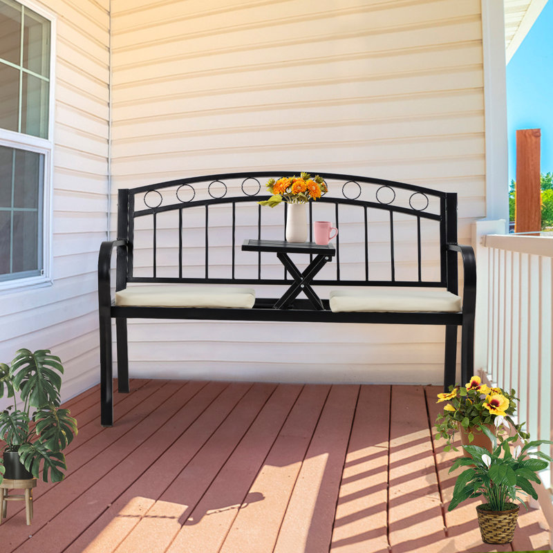 Black Metal 2-Seat Outdoor Bench with Pullout Table and Cushions