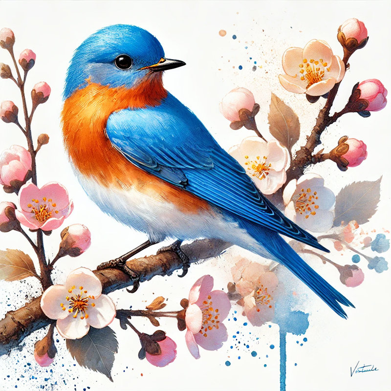 «Blossoming Vibrance - Bluebird and Cherry Blossoms», reproduction d'art sur toile, H 40 po x l 40 po x P 1,5 po
