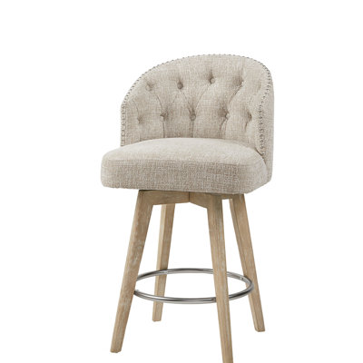 Tabouret de comptoir pivotant - Revêtement crème, dossier à boutons, pieds en bois massif avec finition récupérée, détails argentés, capacité de 300 lb, revêtement en crème à 360 degrés, garniture en métal,
