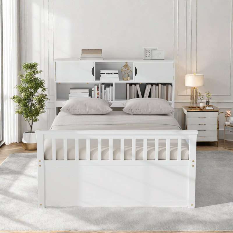 Lit plateforme double pleine grandeur avec bibliothèques de rangement et tablettes, quatre tiroirs, Blanc
