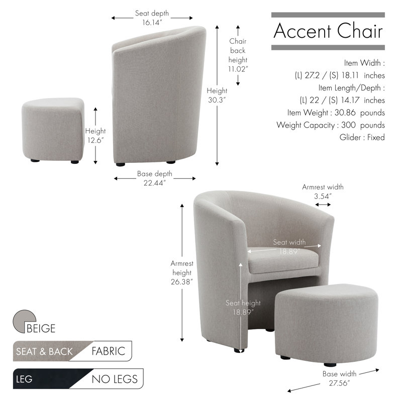 Alleria Fabric Accent Chair with Ottoman, Beige