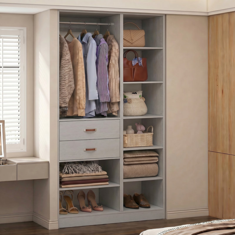 39.4'' W Closet System with Wooden Drawers and Hanging Rods, Gray
