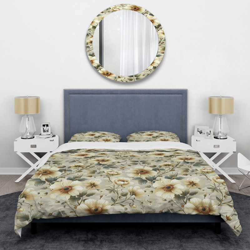 Ensemble de housse de couette transitionnelle Ivory Cream Floral Blooms I, Housse de couette pour grand lit et 2 taies décor