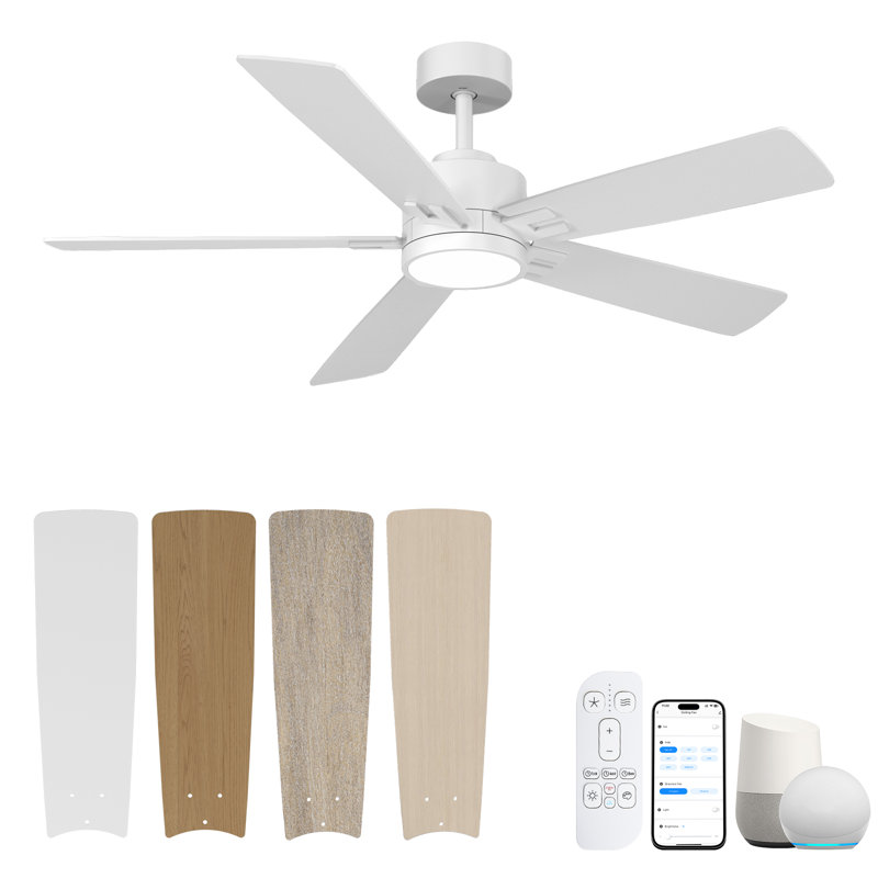 Smart Ceiling Fan With Light And Remote, 5 Dual-Sides Reversible Blades, Remote & App Control, 52", White