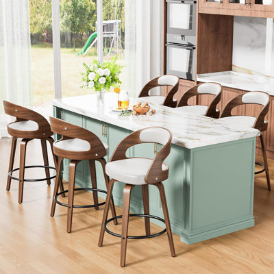 Ensemble de 6 tabourets de bar, tabourets de bar à hauteur de comptoir pour îlot de cuisine, chaise de bar moderne rembourrée de 26,8 pouces, tabourets de comptoir pivotants avec dossier en bois et pieds en bambou MISE