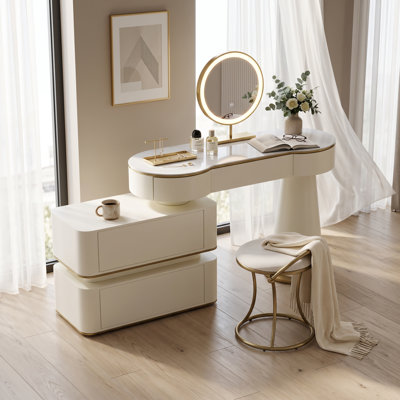 Modern Cream Makeup Vanity Set with 3-Color LED Dimmable Lighted Mirror, Dressing Table with 5 Storage Drawers and Upholstered Stool for Bedroom, Off-White & Gold