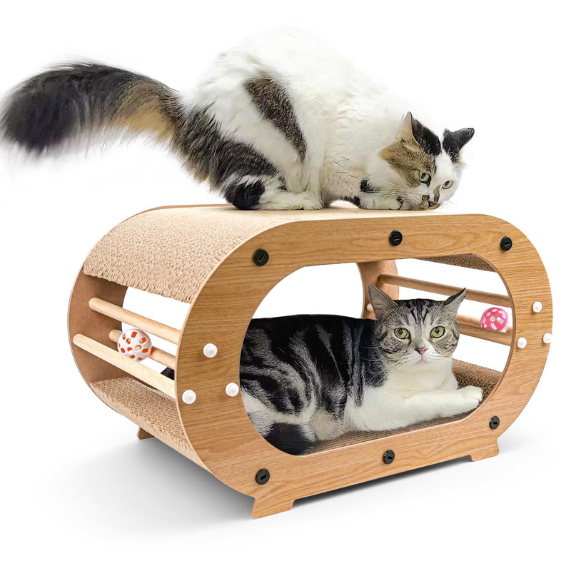 Large Natural Wood Double Layer Cat Scratcher Bed with Toys