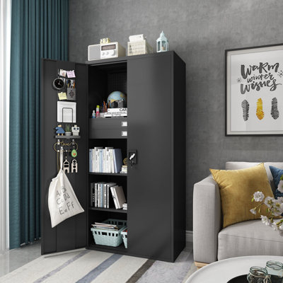 Metal Storage Cabinet With Doors & Adjustable Shelves, Lockable Garage Cabinet