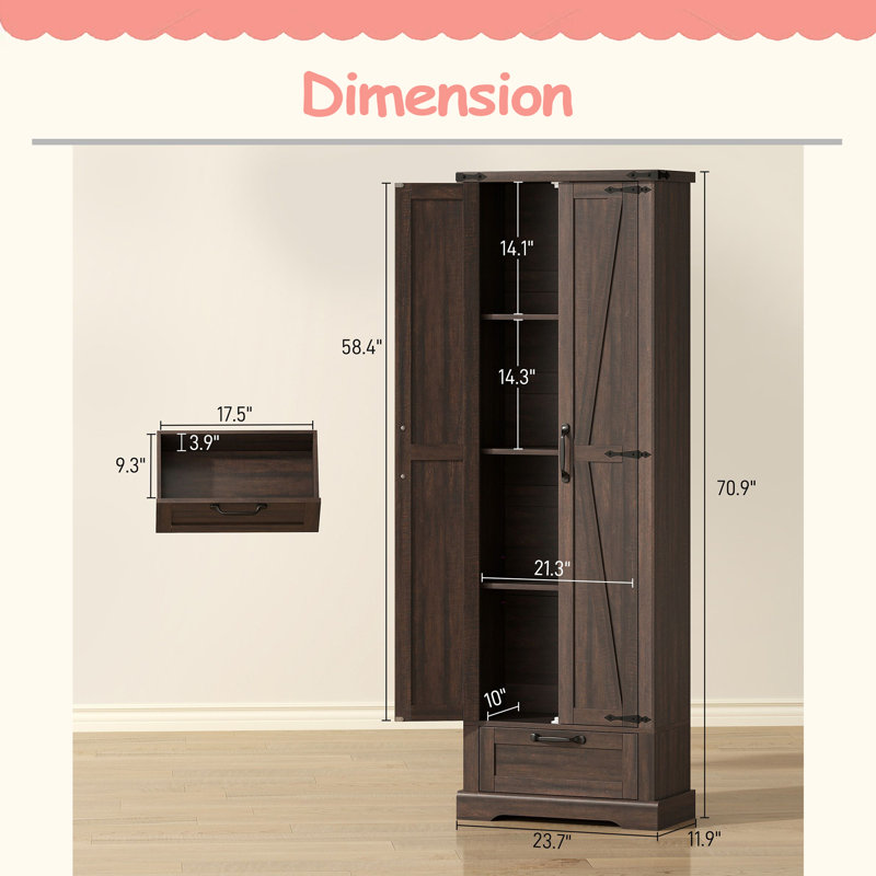 Armoire de garde-manger 71 po avec tablettes réglables, portes de grange et tiroir pour la salle à manger 71 po