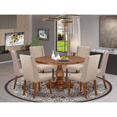 Dining Room Set consists of a kitchen table and Light Tan Linen Fabric mid-century chair with Padded Back - Antique Walnut