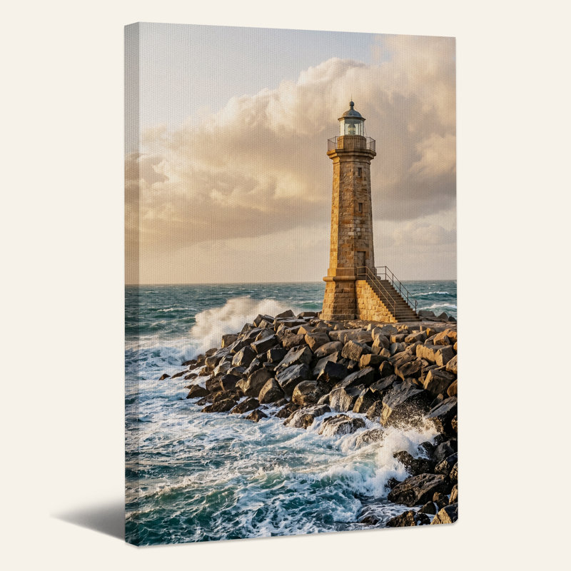 Tableau sur toile représentant un phare en pierre sur une côte rocheuse avec des vagues océaniques, H 36 po x l 24 po