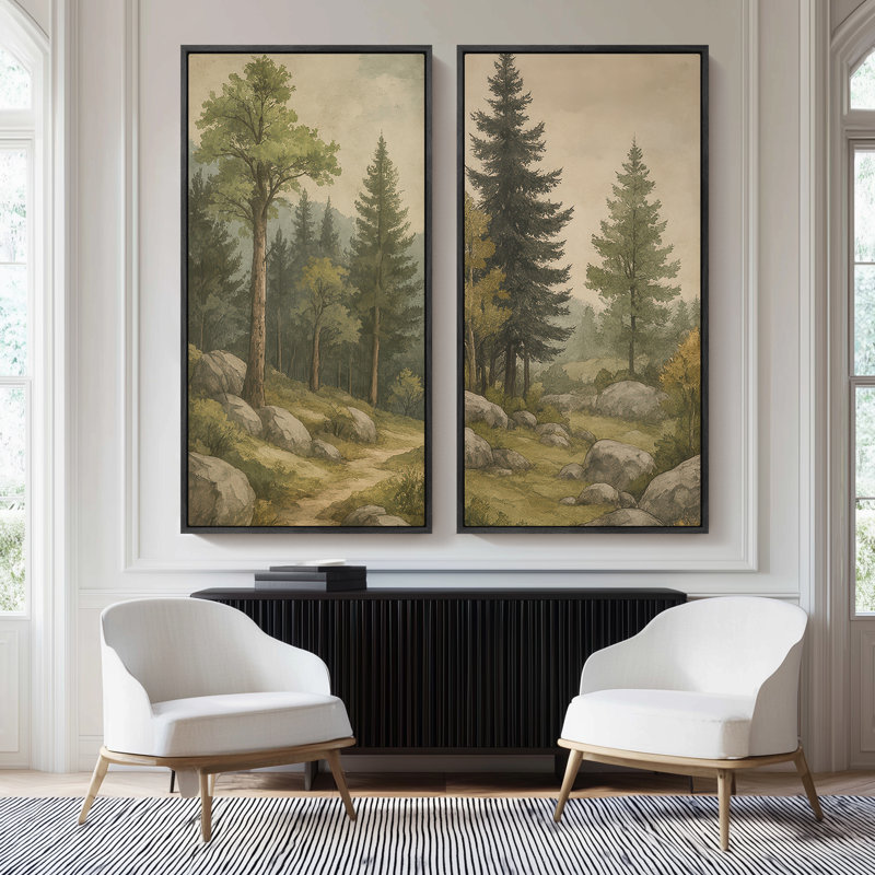 Forêt de pin de montagne avec sentier rocheux pour salon - ensemble de 2 reproductions d'art encadrées sur toile 60 po x 30 po x 2 pièces