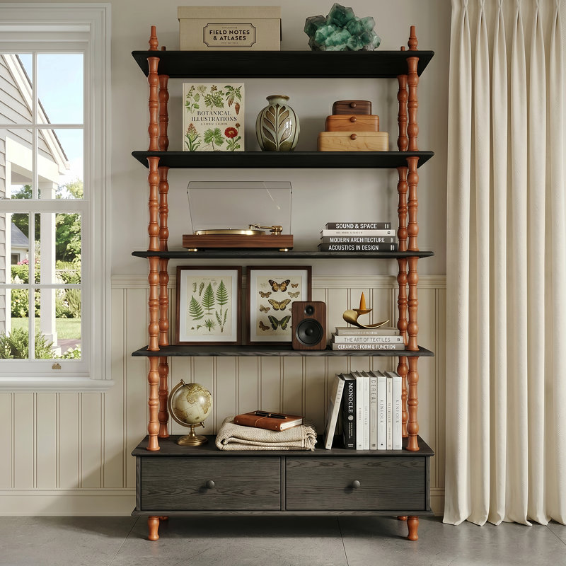 74.4" Modern Bookcase With 5 Open Shelves & 2 Drawers, Wood Standing Shelf For Living Room, Study, Black