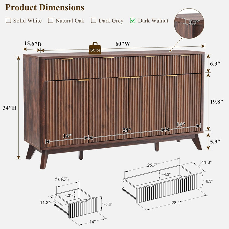 60" Sideboard Buffet Cabinet With Doors And Shelves, Modern Buffet Storage Cabinet With Drawers, Wood Large Sideboard For Kitchen, Living Room For Office, Bedroom Storage Cabinet, Hallway Storage Cabinet