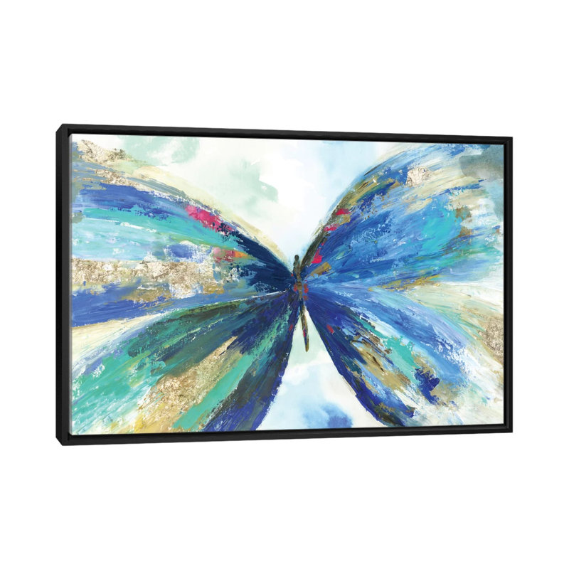 " Blue Butterfly " by Allison Pearce, 18" H x 26" W x 1.5" D, Black Framed Canvas, No Mat
