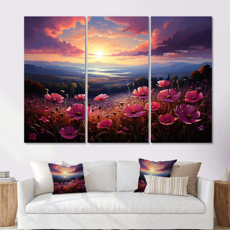 «Pink Crimson Flower S Embrace II», ensemble de reproductions d'art mural, H 28 po x l 36 po x P 1 po, Toile tendue