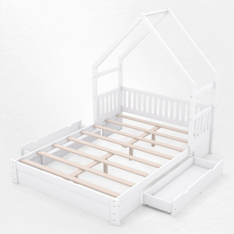 Grand lit plateforme en bois avec 2 tiroirs, Blanc
