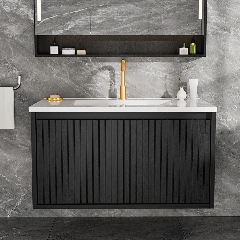 Meuble-lavabo de salle de bain avec lavabo en céramique - Meuble-lavabo mural flottant cannelé avec tiroirs, Noir