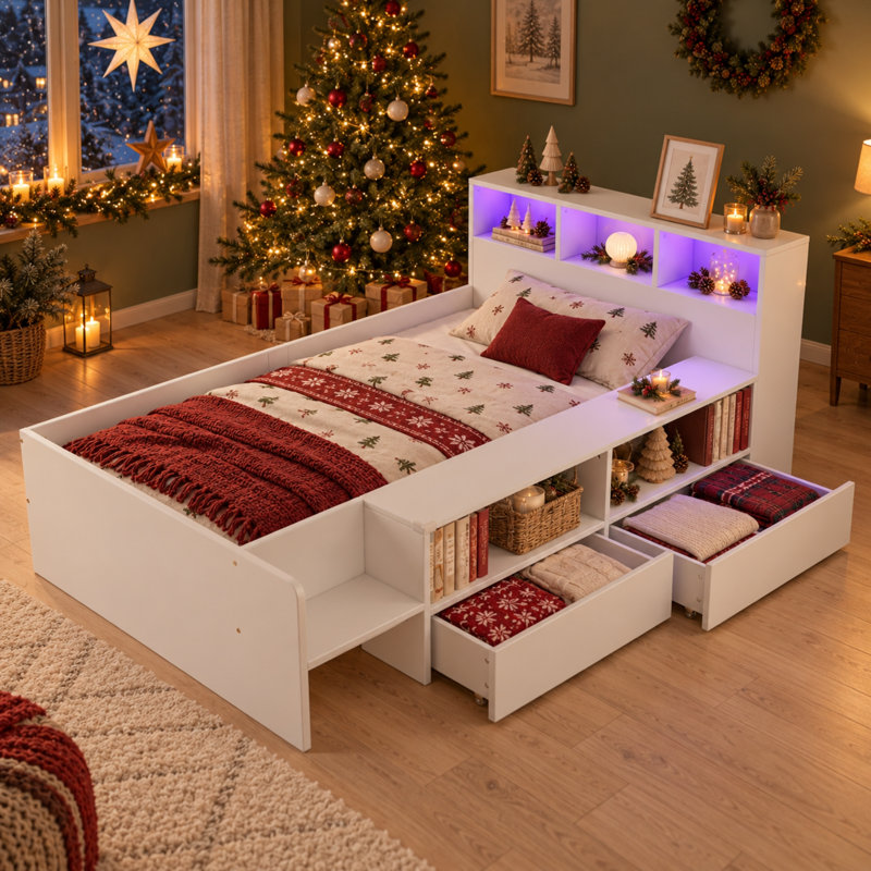  3ft Single Kids Wooden Bed Frame with LED Lights, 2 Rolling Storage Drawers & Hidden Compartments, Slatted Base, White