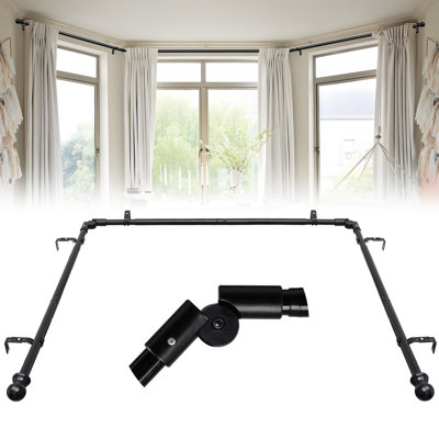 2PC Bay Window Curtain Rods, 1 Inch Heavy Duty Metal U Shaped Corner Curtain Rod, 59-184” Adjustable Curved Curtain Rod for Bay Window Black