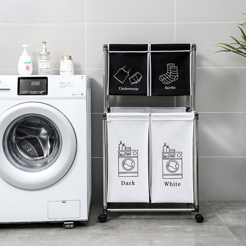 Trieur de linge à 2 niveaux avec 4 sacs amovibles, quatre roues, facile à déplacer, lavable et souple
