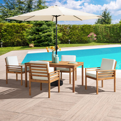 Arjay 8 Pc Patio Dining Set Wood One 63" Table Chairs With Cushions And 1 10-Foot Tilt Umbrella