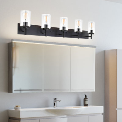 5 Light Black Wall Light, Bathroom Over Mirror Light Fixture, Black Vanity Light Offset Mount Seeded Glass, Modern Vanity Bar Lights For Bathroom Living Room Dressing Room Farmhouse
