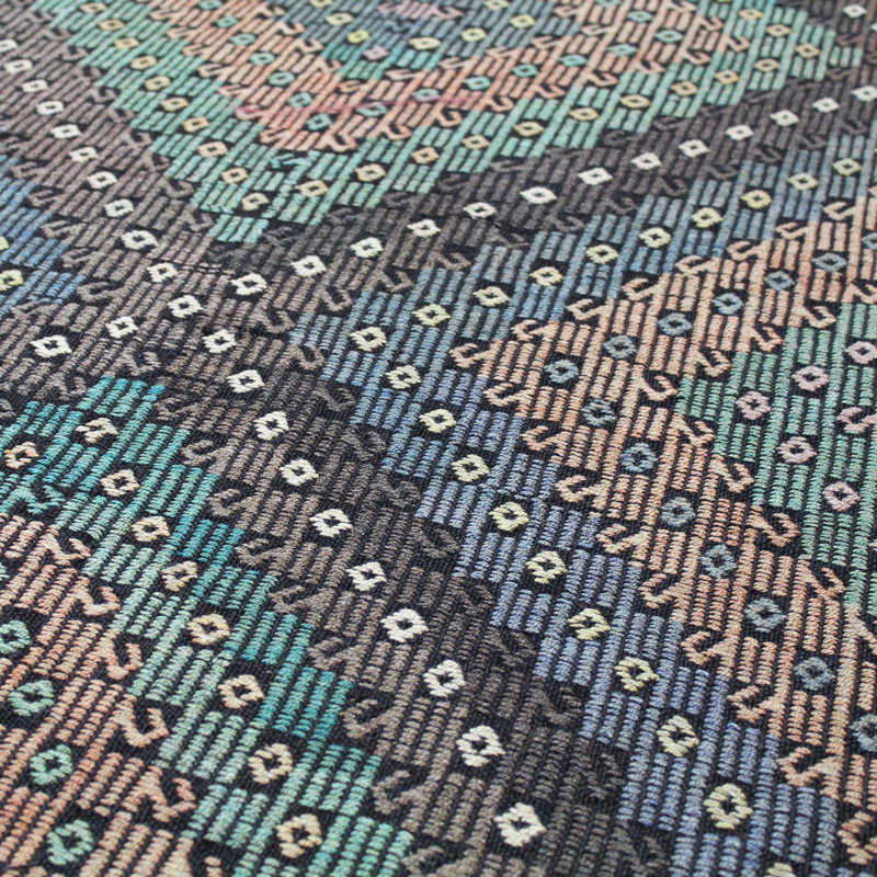 Tapis vert en laine noué à la main de conception unique de style années 2000 7 pi 3 po x 9 pi 4 po Jijim