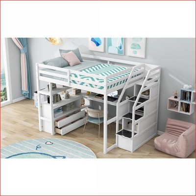 Full Size Solid Pine Wood Loft Bed with Desk, Storage Staircase &amp; Drawers - No Box Spring Needed, White
