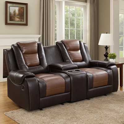 Gurutz 76'' Traditional Double Reclining Sofa - Faux Leather Reclining Sofa, Integrated Drop-Down Center Table with Cupholders, Durable Metal-Reinforced Frame