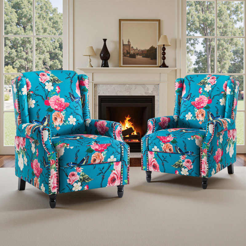 Ameiah 74 cm W Upholstered Wing Back Manual Push Back Recliner with Naihead Trims, Peacock Blue Polyester