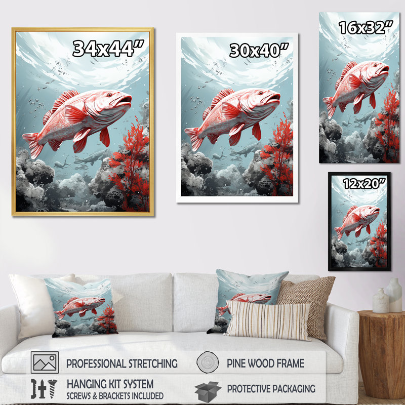 Danse de poissons monochrome rose et gris II - plage et océan, impressions sur toile, H 40 po x l 30 po x P 1,5 po