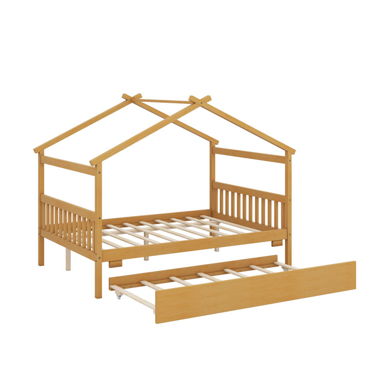 Lit double en bois avec lit gigogne simple, Naturel, Double