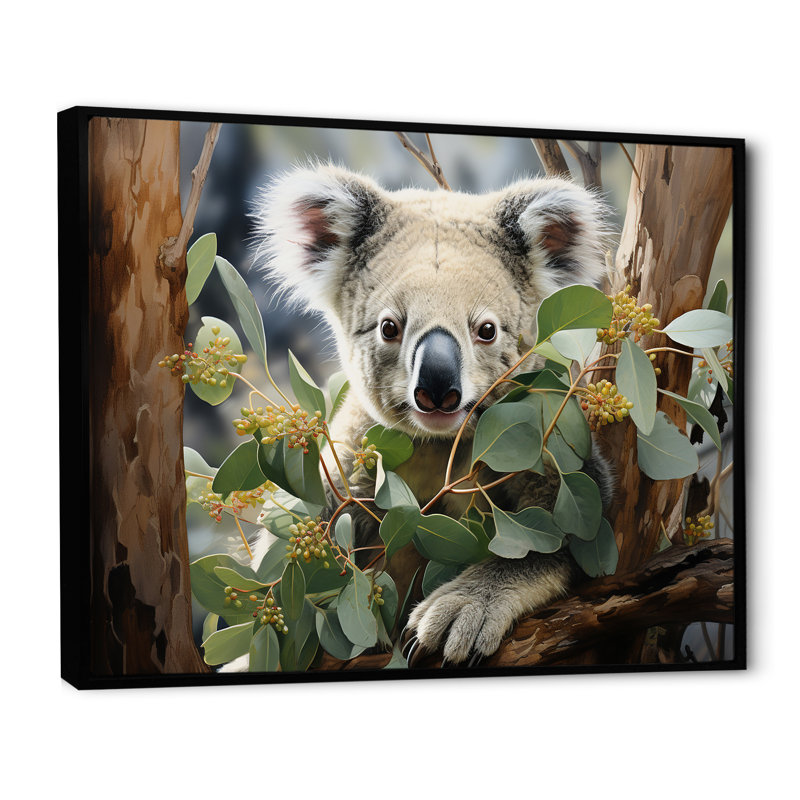 Aquarelle, arbre koala, observateur 2 - art mural koala, Cadre flottant noir, H 12 po x l 20 po x P 1 po