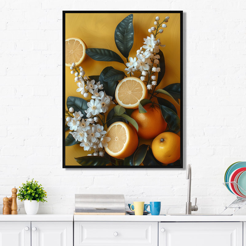 Art mural rétro «Orange Tree Bliss II» - fruits, H 32 po x l 16 po x P 1 po, Toile avec cadre flottant noir