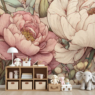 Peel and Stick Wallpaper Soft Pastel Peonies Wild Roses Botanical Wall Murals 69"H x 96"W Wall Paper Self-Adhesive Wall Decor for Bedroom Living Room Home Office