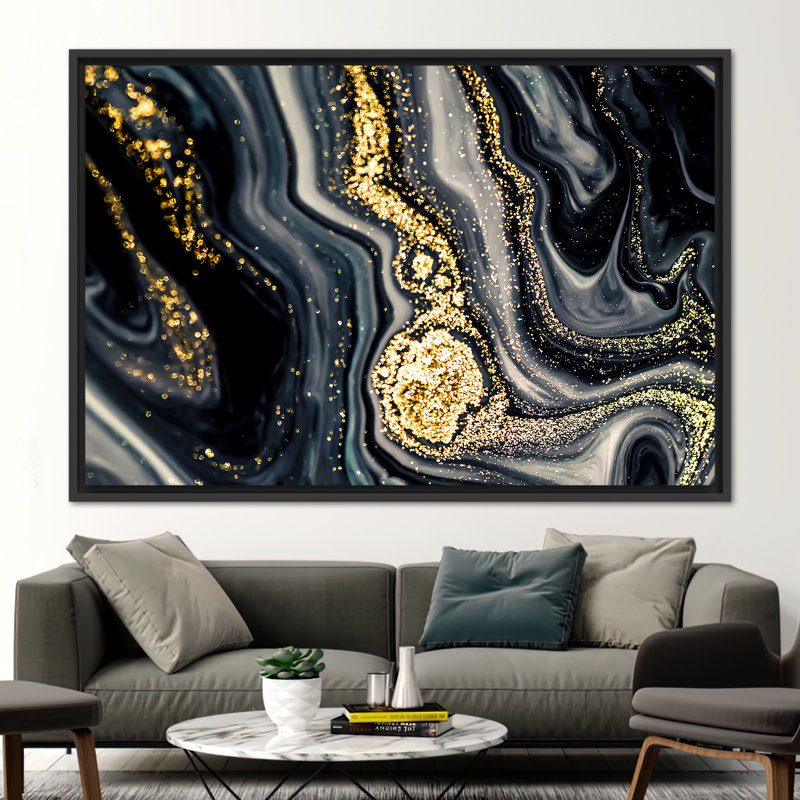 Modern Marble Abstract Canvas Art - Luxury Shimmering Contemporary Wall Decor, Framed Print without Mat, Black