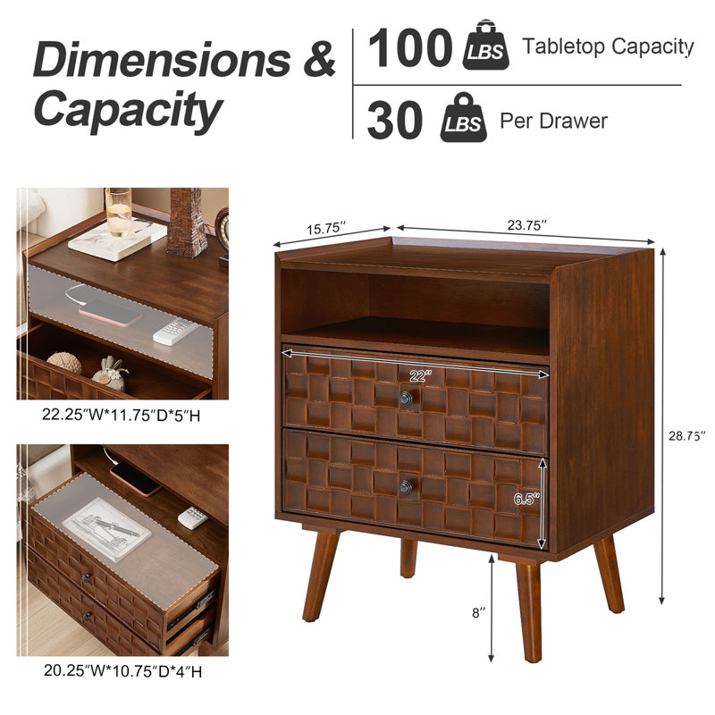 Meuble Garwood en bois avec 2 tiroirs et une tablette ouverte, Walnut
