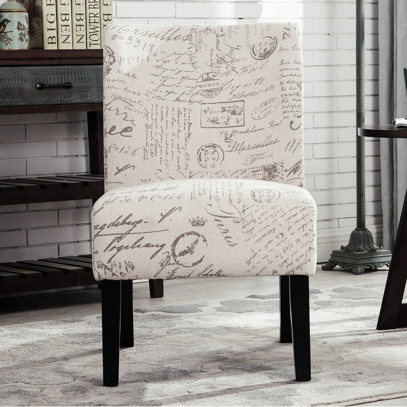 Fauteuil d'appoint sans accoudoirs Capa avec imprimé de lettres anglaises, offrant confort, durabilité et facilité d'assemblage pour une décoration intérieure élégante.